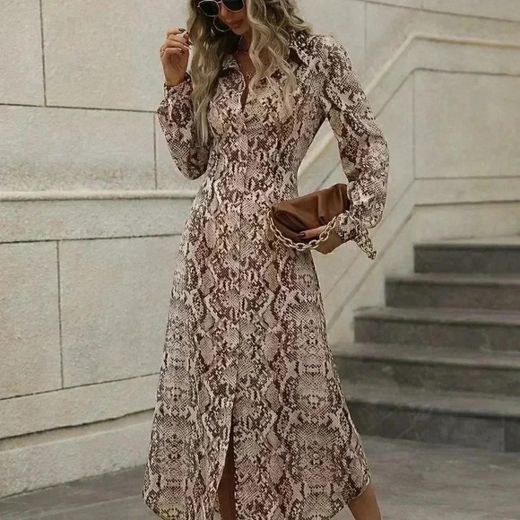 Multicolor Casual Womens Snakeskin Print Button Front Shirt Dress - Picture 4 of 5